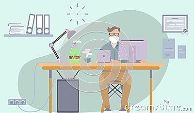 Work during the quarantine period. Office worker wearing protective mask. People using mask. Healthy workplace. Protect workplace. Vector Illustration