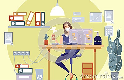 Work during the quarantine period. Office worker wearing protective mask. People using mask. Healthy workplace. Protect workplace. Vector Illustration