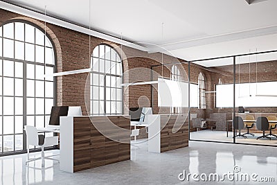 Office cubicles in brick office corner Stock Photo