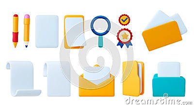 Office 3d icons, plastiline design. Isolated email, data folders and empty receipt or bill templates. Yellow mail Vector Illustration