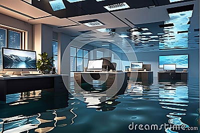 Office Deluge: Water Inundates a Modern Office - Desks and Computers Submerged, Floating Papers, Reflections on Watery Chaos Stock Photo