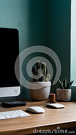 Office desk adorned with succulent cactus, tranquil workspace ambiance Stock Photo