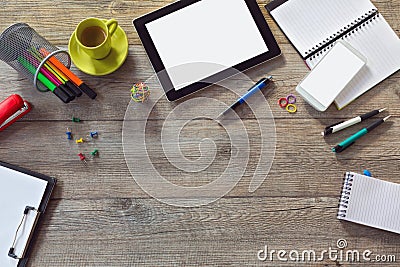 Office desk background with tablet, smart phone and cup of coffee. View from above with copy space Stock Photo