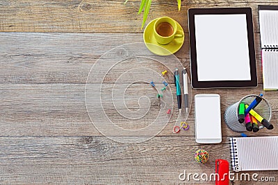 Office desk background with tablet, smart phone and cup of coffee. View from above with copy space Stock Photo