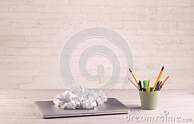 Office desk closeup with white brick wall Stock Photo