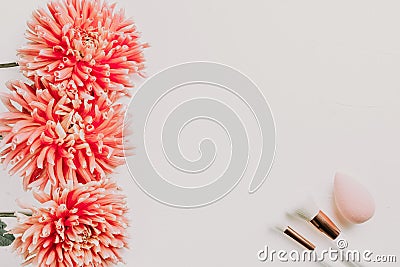 Office desk with computer and rose flowers Stock Photo