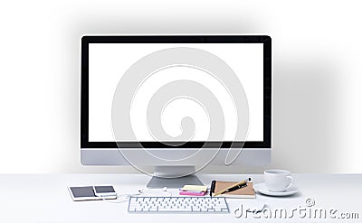 Office desk with computer screen, keyboard, mouse, stationary Stock Photo