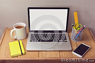 Office desk mock up with laptop and office items Stock Photo