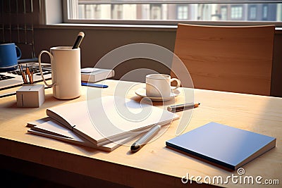 Office desk with a notepad coffee and computer Stock Photo