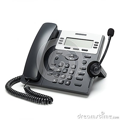 Office desk phone with a coiled cord, numeric keypad, and a digital display screen. Stock Photo