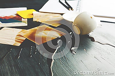 Office desk with spilt coffee closeup Stock Photo