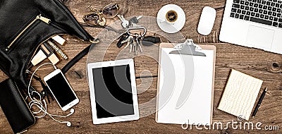 Office desk table. Office supplies, cosmetics, gadgets Stock Photo