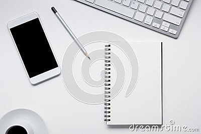 Office desk table with supplies. Flat lay Business workplace and objects. Top view. Copy space for text Stock Photo