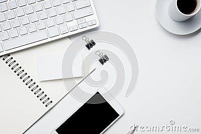 Office desk table with supplies. Flat lay Business workplace and objects. Top view. Copy space for text Stock Photo