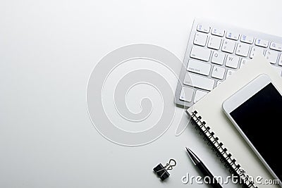 Office desk table with supplies. Flat lay Business workplace and objects. Top view. Copy space for text Stock Photo