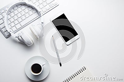 Office desk table with supplies. Flat lay Business workplace and objects. Top view. Copy space for text Stock Photo