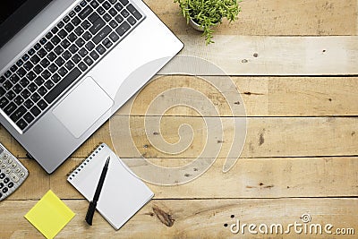 Office desk table with supplies. Top view. Copy space for text Stock Photo