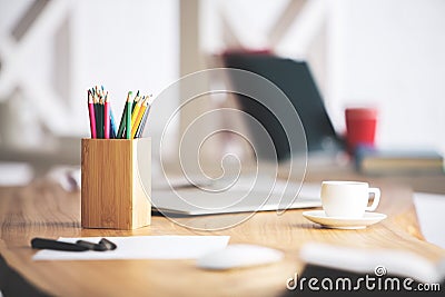 Office desk top with objects Stock Photo