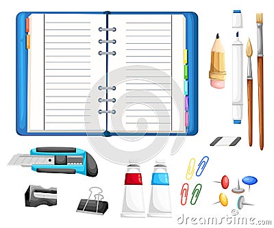 Office desk and workspace concept with flat modern icon design Illustration flat icons of trendy everyday objects, office supplies Stock Photo