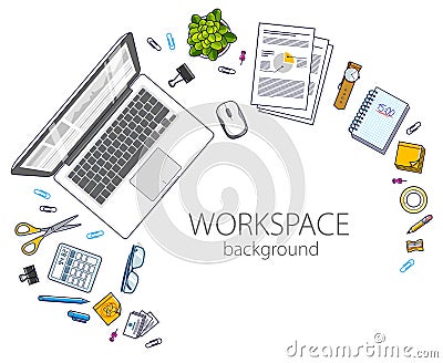 Office desk workspace top view with PC computer and diverse stationery objects for work with copy space for text. All elements are Vector Illustration