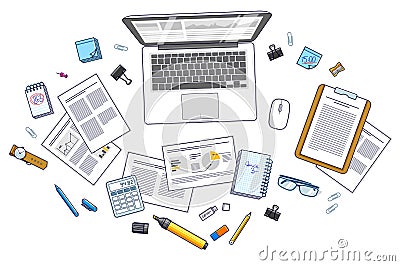 Office desk workspace top view with PC notebook and analytics papers with graphs and data and stationery objects on table. All Vector Illustration