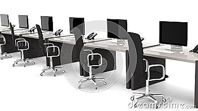 Office desks with equipment and black chairs Stock Photo