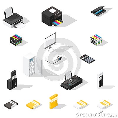 Office detailed isometric icon set Vector Illustration