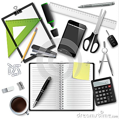 Office different supplies with work diary template Vector Illustration