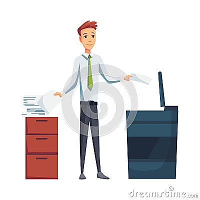 Office documents copier. Office worker prints documents on the copier. Man works on a photocopier. Concept of office Vector Illustration