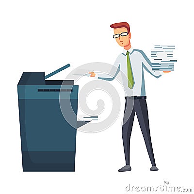 Office documents copier. Office worker prints documents on the copier. Man works on a photocopier. Concept of office Vector Illustration