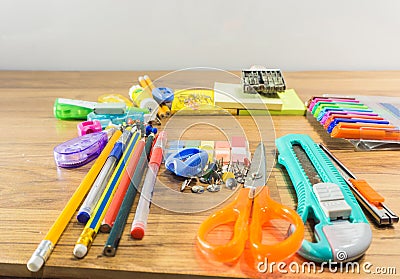 Stationery supply for office and school on wood table Stock Photo