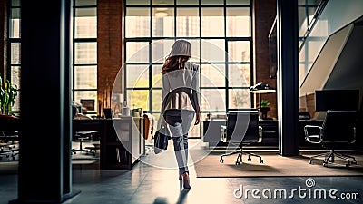 Elegant businesswoman with impeccable style walks in the office. Generative AI Stock Photo