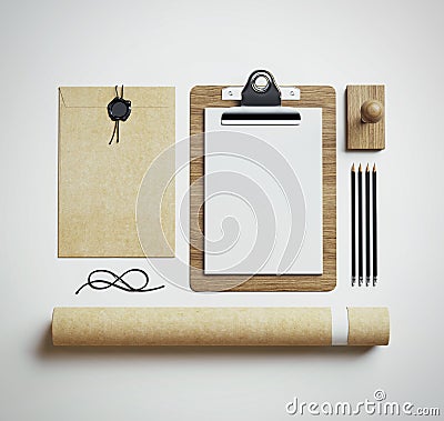 Office elements on white paper background. 3d render Stock Photo