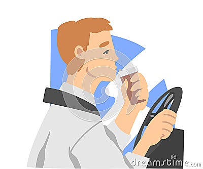 Office Employee with Coffee Cup Driving to Work as Day Routine Vector Illustration Vector Illustration
