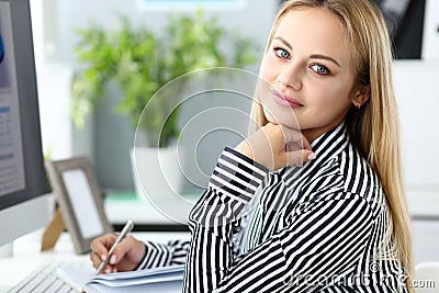 Office employee works efficiently throughout day. Stock Photo