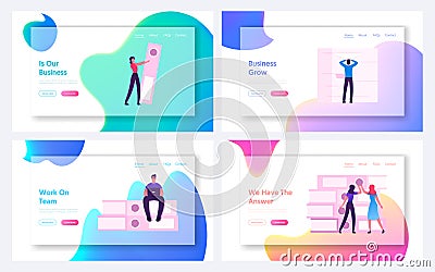 Office Employees Work in Very Busy Day Website Landing Page Set. Overloaded Business Men and Women Vector Illustration