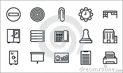 office equipment line icons. linear set. quality vector line set such as printer, business chart, locker, clipboard, whiteboard, Vector Illustration