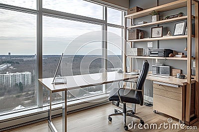 office with ergonomic furniture, natural light, and inspirational view Stock Photo