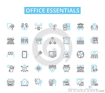 Office essentials linear icons set. Desk, Chair, Computer, Pen, Notebook, Stapler, Envelopes line vector and concept Vector Illustration