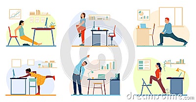 Office exercise. Sport on workplace. Workers do warm up. Employee stretch out. Fitness exercising during operation. Body Vector Illustration