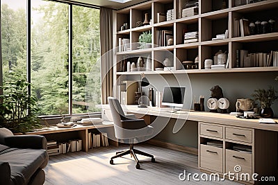 Office featuring a spacious desk with minimal decor, neutral color palette with bright accent hues to add liveliness and Stock Photo