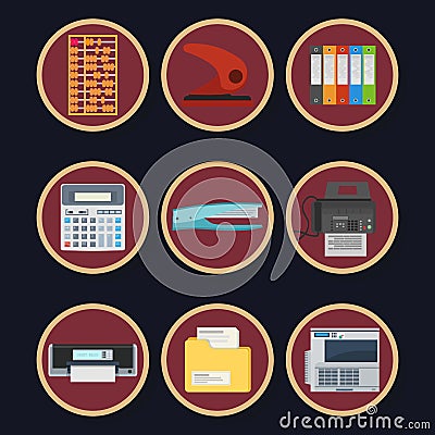 Office flat icons set vector business illustration design isolated Vector Illustration