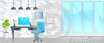 Office furniture design banner. Workplace with table and laptop and coffee. Modern interior . Vector Illustration