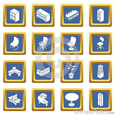 Office furniture icons set blue square vector Vector Illustration