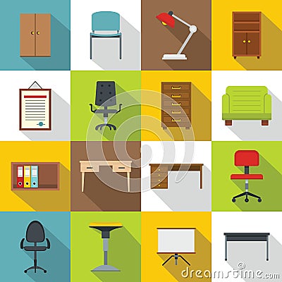 Office furniture icons set, flat style Vector Illustration