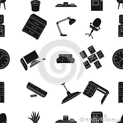 Office furniture and interior pattern icons in black style. Big collection of office furniture and interior vector Vector Illustration