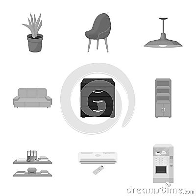 Office furniture and interior set icons in monochrome style. Big collection of office furniture and interior vector Vector Illustration