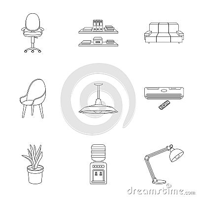 Office furniture and interior set icons in outline style. Big collection of office furniture and interior vector symbol Vector Illustration
