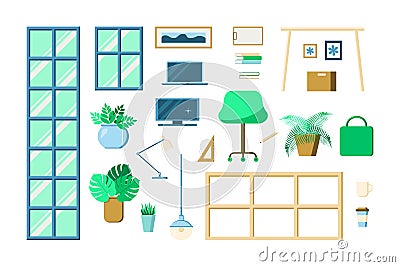 Office furniture set. Table, chair, windows, lamps, plants, notebook, monitor, box, books, coffee in paper cup. Vector Vector Illustration