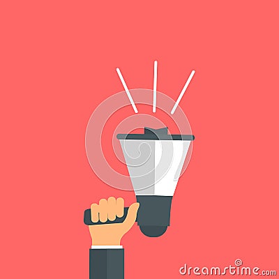 Office hand holds a megaphone. Flat style. Announcement Stock Photo